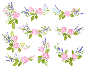 Floral Arrangements of Roses and Lavender Vector Set