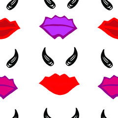 Vector illustration.Close-up abstract drawing of devil lips and horns.
