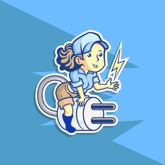Vector Illustration of an Electrician Girl Flying on switch