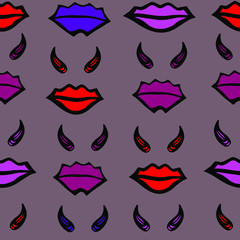 Vector illustration.Close-up abstract drawing of devil lips and horns.