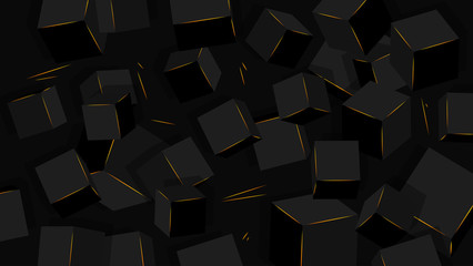 Minimalist black sci-fi background, black cubes with golden edges.