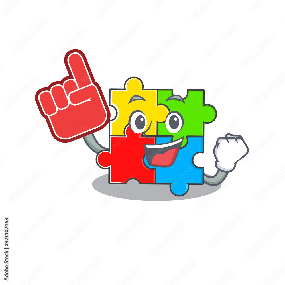 Sticker A picture of puzzle toy mascot cartoon design holding a Foam finger