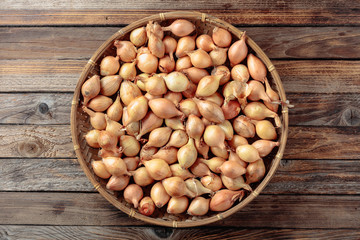 Onion on a old wooden table.