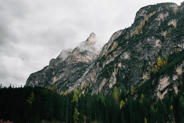 Fog in the Dolomites. Tourist region. Rocks, mountains. Dolomites, Alps, Italy. In summer.