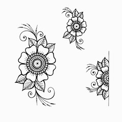 Mehndi doodle hand-drawn oriental patterns set. Henna tattoo ethnic indian flowers and leaves. Banners, cards, invitations in boho style. Stock vector outline elements isolated on white background.