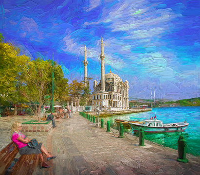 A relaxing afternoon with beautiful landscape of Ortakoy Mosque and Bosphorus Bridge in Istanbul, Turkey. One of the most popular locations in the Bosphorus. oil painting.