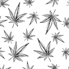 Marijuana leaves seamless pattern. Hand-drawn ink doodle hemp for packaging, banners and scrapbooking paper. Outline cannabis. Stock vector illustration isolated on transparent background.