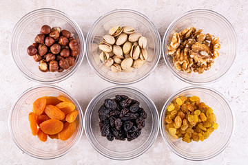three types of dried fruits and three types of nuts
