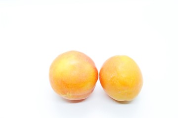 Ripe orange plums perched on a white background