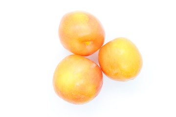 Ripe orange plums perched on a white background