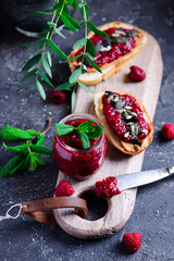 Chia raspberry jam.style rustic.selective focus
