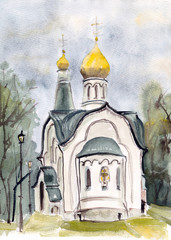 Fototapeta premium watercolor drawing russian orthodox church