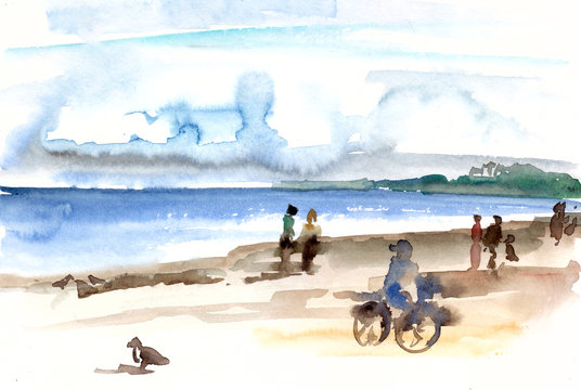 watercolor abstract seaside landscape with tourists and a cyclist