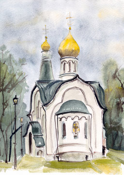 watercolor drawing russian orthodox church