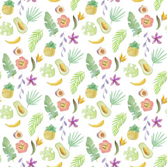 Tropical plants. Seamless pattern. Watercolor illustration.