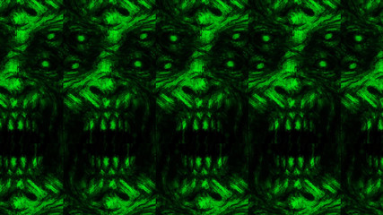 Scary zombie face pattern on black background.