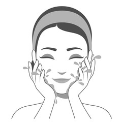 Girl washing face with water. Skin cleansing, beauty treatments, skin washing. Black and white illustration of cosmetic and skin care procedure. Vector