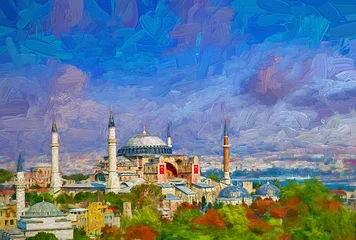 Beautiful landscape view from above during morning sunshine of Hagia Sophia Museum. The world famous monument of Byzantine architecture, Istanbul, Turkey.- oil painting © goldbigstocks