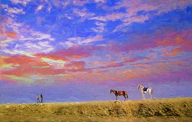 Schöne Atmosphäre des Abendhimmels mit zwei Pferden und Pferdebesitzern, die auf Touristen in der Sahara-Wüste, Eygpt.-Ölgemälde warten. © goldbigstocks