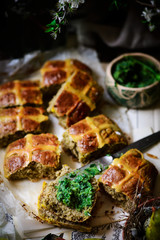 savoury cheddar and wild garlic hot cross buns..traditional easter pastries.