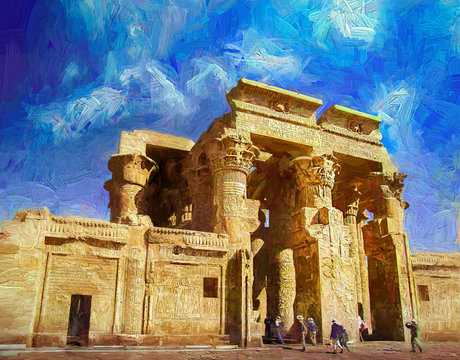 Tourists visiting the ancient Kom Ombo Temple, which has double entrance and Hieroglypics carvings on wall, dedicated to Sobek the crocodile god, and Horus the falcon-headed god. Egypt.- oil painting.