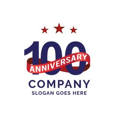 100 years anniversary logo with blue text and red ribbon