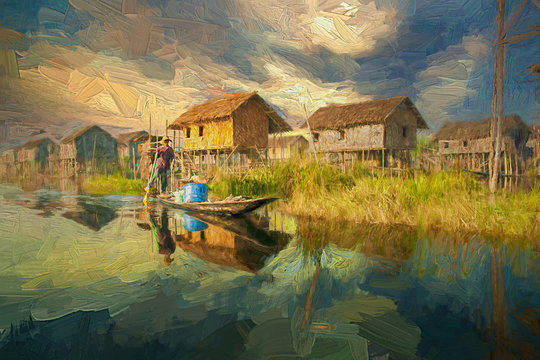 Picture of water reflections of man rowing his boat by leg and traditional floating village behind in beautiful evening at Inle Lake, Myanmar.- oil painting