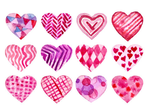 Vector Set of hand painted watercolor hearts. Isolated objects perfect for Valentine's day card or romantic post cards