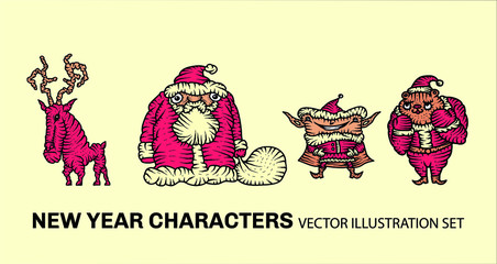 New Year's cartoon wonderful characters. Set of vector illustrations