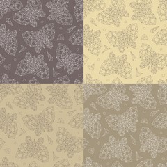 Set of abstract seamless patterns with geometric polygonal butterflies (crystal or diamond-like). Drawing of thin lines on a brown and beige background. Repeating texture for wallpaper or textile.