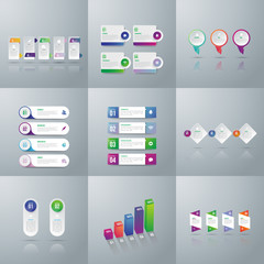 Infographic elements. Set of infographic design layouts with 9 option. Round diagrams, workflow and flowcharts, thin line icons and place for text. bar and line charts, -Vector..