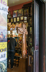 Religious items for sale in a small street shop on Kote Afkhazi St in the old part of the Tbilisi city in Georgia