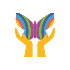 Hands with butterfly of zero discrimination day, flat style icon