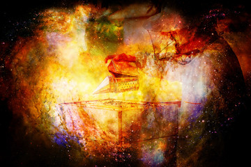 Beekeeper manipulating with honeycomb full of golden honey on abstract structured space background.
