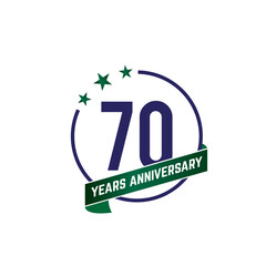 70 years anniversary logo with blue circle frame and green ribbon