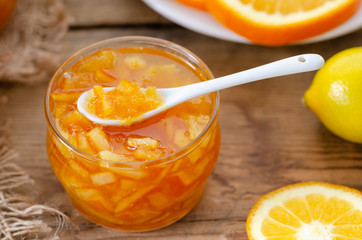 Tasty homemade orange jam and slice of orange fruit