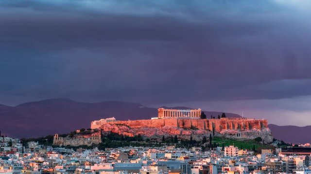 Panorama of Athens by Evening Light - 4k Acropolis time lapse shot