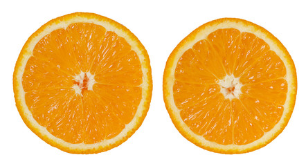 Isolated fruit orange circle slice on white background, close-up