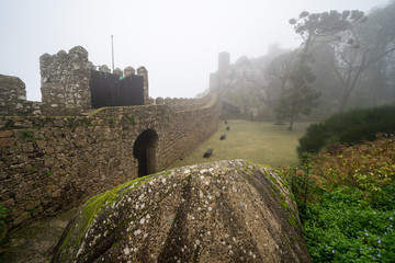 Extremely heavy, thick fog at the Moorish Castle in Sintra, Portugal. This is a UNESCO World...