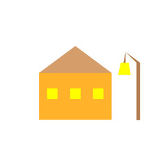 Vector illustration of a yellow house with a brown roof and glowing windows