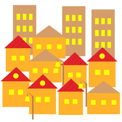 Vector illustration town with yellow and light brown houses with red and light brown roofs