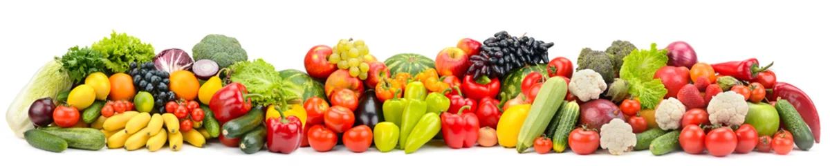 Photo sur Plexiglas Légumes frais Wide photo multi-colored fresh fruits and vegetables isolated on white