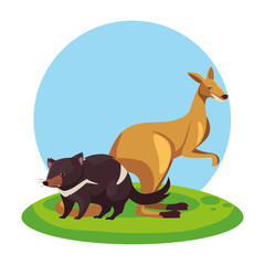kangaroo and tasmanian devil over landscape
