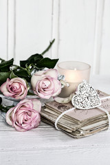 Romantic Roses Still Life With Old Letters And Heart