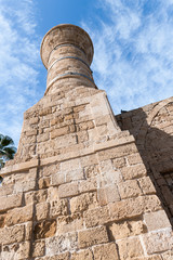 The remains  of an old inactive mosque - Islam Camii - with a minaret is located in Caesarea city, on the shores of the Mediterranean Sea, in northern Israel