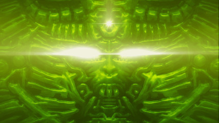 Computer monster with bas-relief and protruding robot head of woman. Green background.