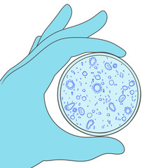 Hand holds a petri dish with abstract microorganisms. Vector illustration isolated on white background.
