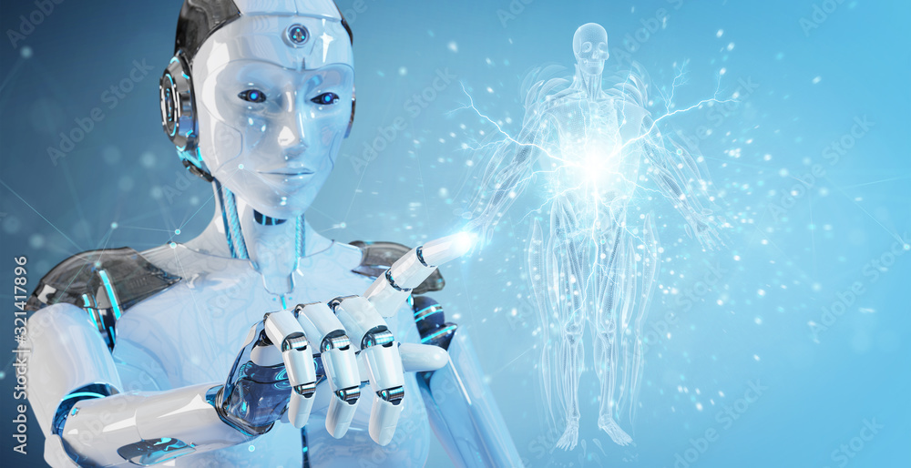 Poster Robot using digital x-ray human body holographic scan projection 3D rendering