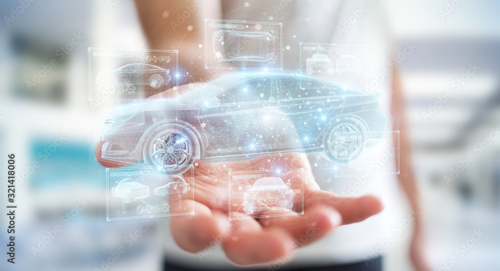Aufkleber man holding and touching holographic smart car interface projection 3d rendering