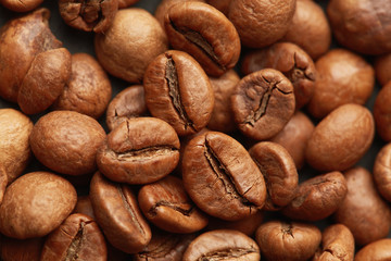 Brown roasted coffee beans on dark background. Espresso dark, aroma, black caffeine drink. Closeup isolated energy mocha, cappuccino ingredient.